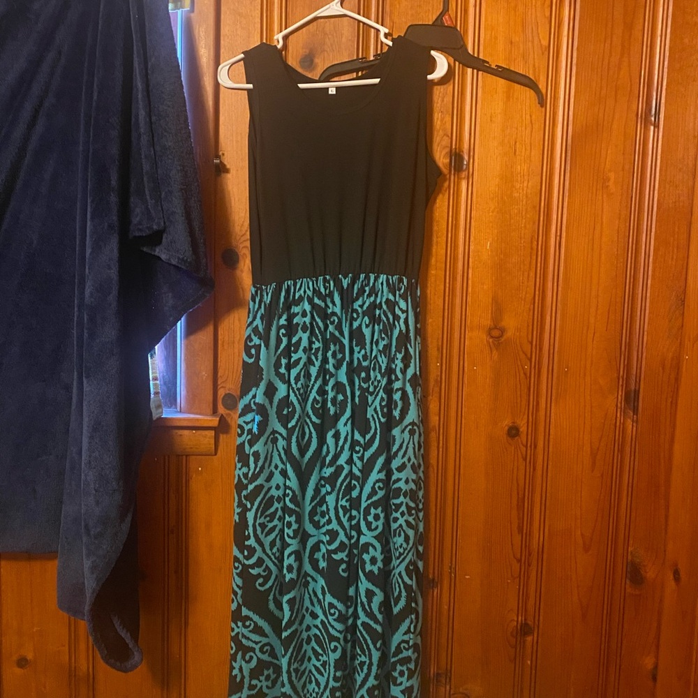 Black and Blue/green Patterned‎ Maxi Dress- worn once